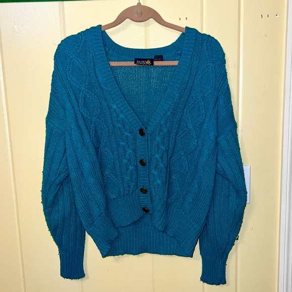 Vintage Patsys Place Blue Green Acrylic Long Sleeve Button Up Cardigan Size L - Picture 2 of 10